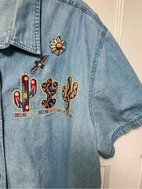 Vintage Denim Button Down Cactus Flower Aztec Embroidered Shirt - Women’s XL